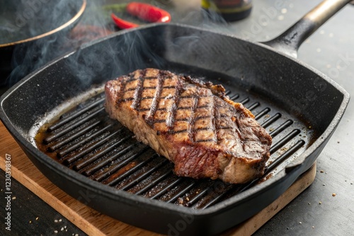 Searing hot grill pan with a perfectly grilled steak cooked to desired doneness, searing surface, outdoor cooking method, hot grill pan