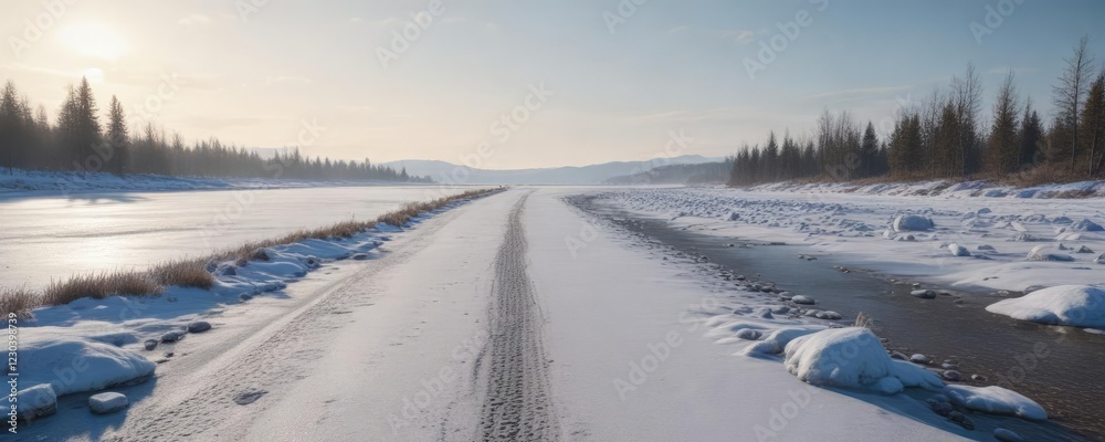 Obraz premium Serene landscape of a frozen lake with a gravel road stretching into the horizon, distance , peaceful