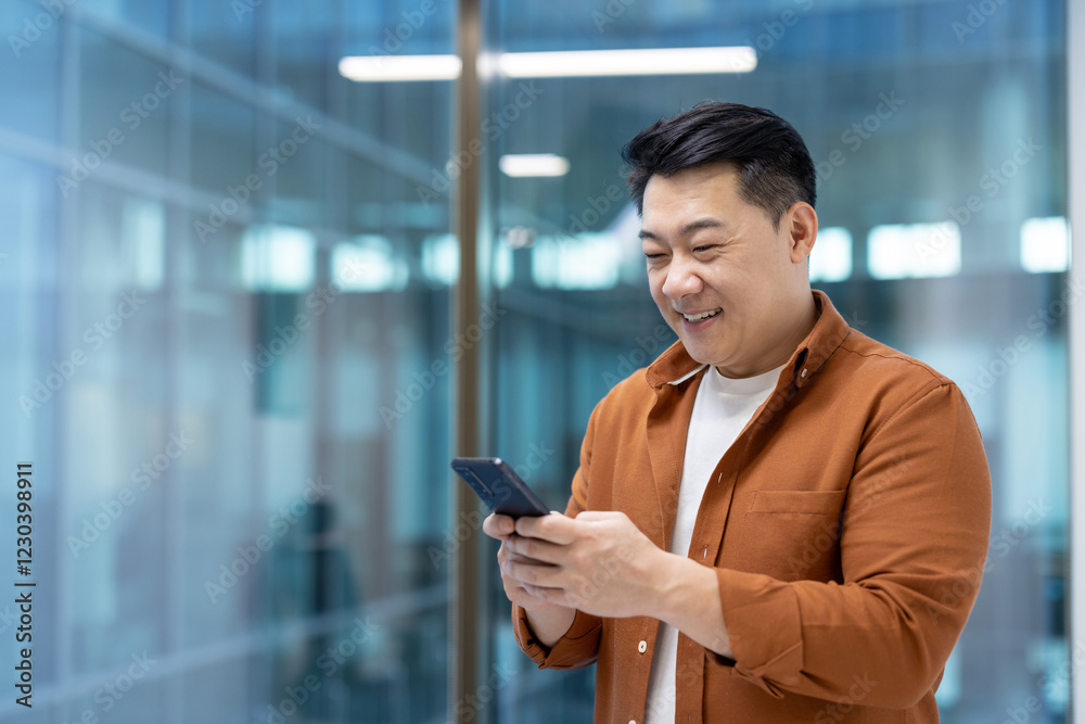 Successful Asian businessman standing near the window with phone in hands. Man using application on smartphone, typing message and browsing social media inside office at workplace. Successful Asian businessman standing near the window with phone in hands. Man using application on smartphone, typing message and browsing social media inside office at workplace.