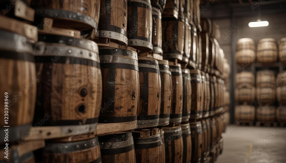 Shallow depth of field shot of bourbon barrels stacked in a warehouse, whiskey, dark, distillation, distiller Shallow depth of field shot of bourbon barrels stacked in a warehouse, whiskey, dark, distillation, distiller