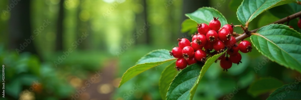 Shrub with bright red poisonous sumac berries, forest floor, sumac berry Shrub with bright red poisonous sumac berries, forest floor, sumac berry