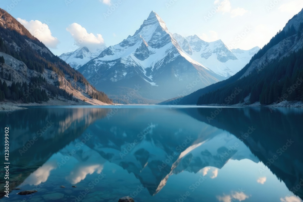 Naklejka premium A lake's surface mirrors the towering mountain, cold weather, waterbody