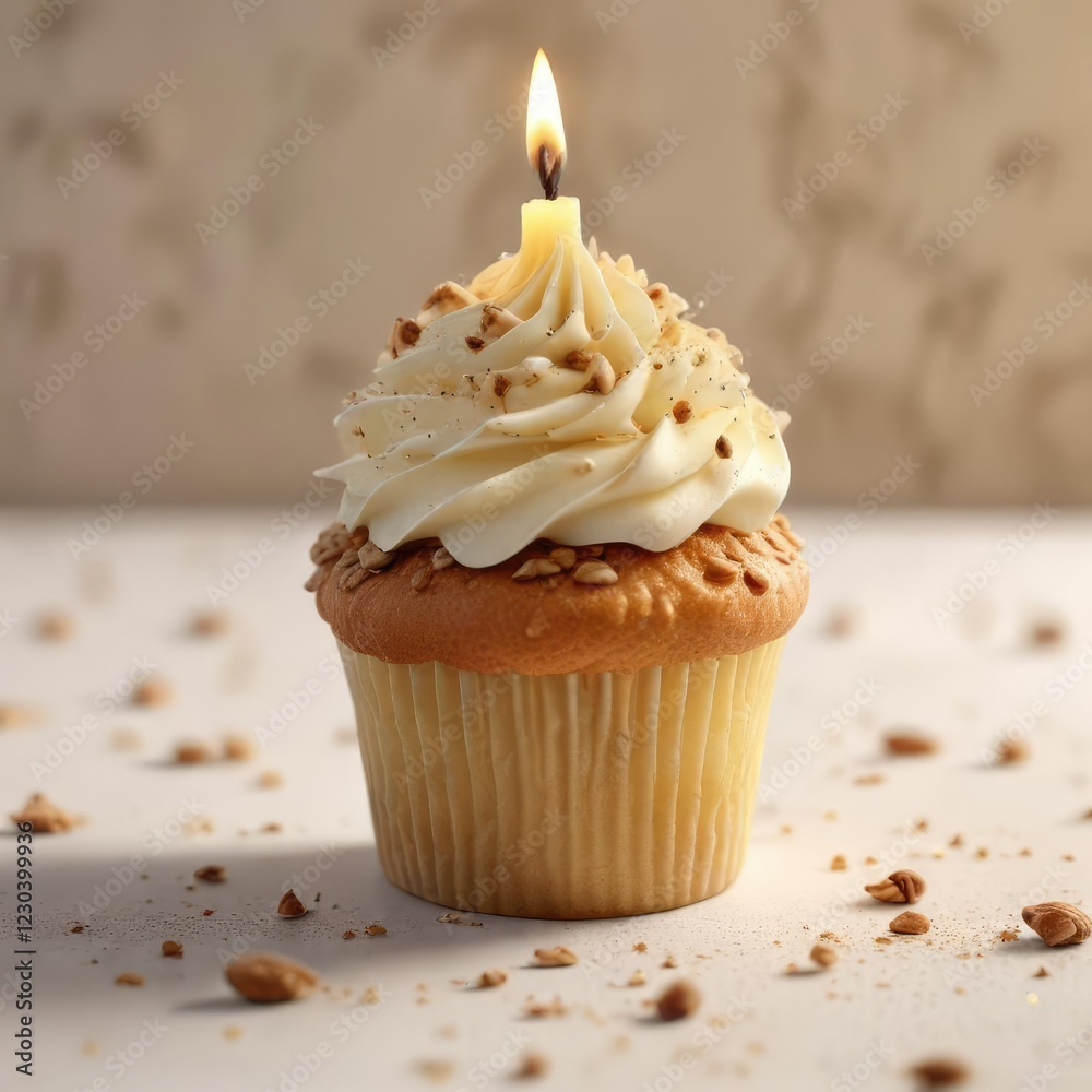 Single candle on top of a vanilla-flavored birthday cupcake with swirly frosting and chopped nuts, simple dessert, celebratory snacks, baked goods Single candle on top of a vanilla-flavored birthday cupcake with swirly frosting and chopped nuts, simple dessert, celebratory snacks, baked goods