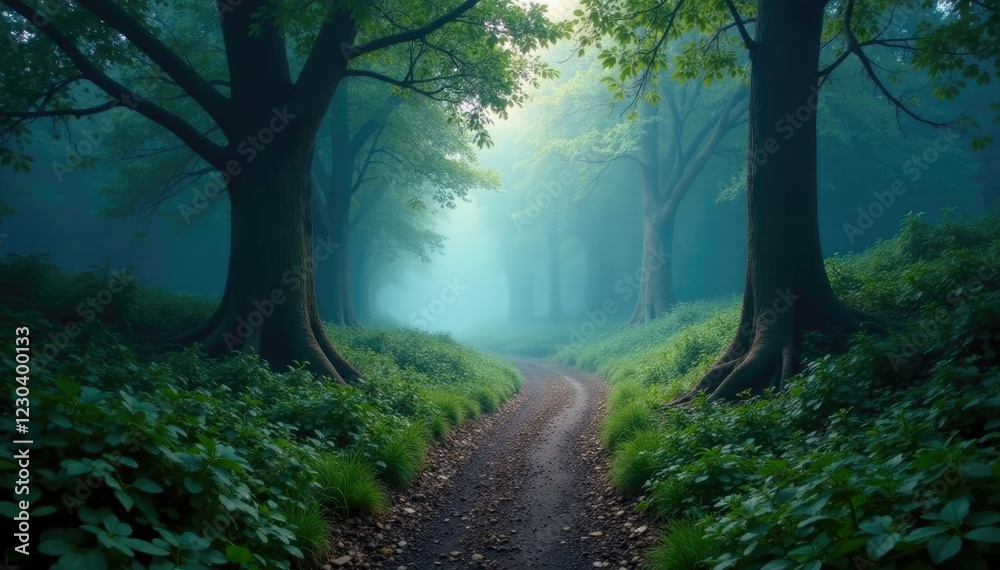 Obraz premium A misty forest trail winding its way through ancient trees, path, blue