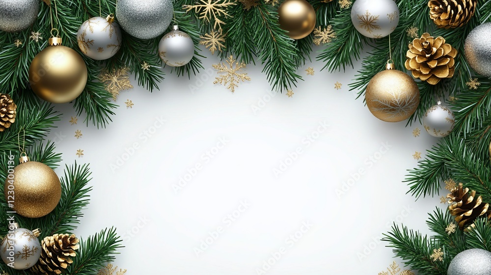 Festive Christmas Background Featuring Lush Fir Branches Adorned with Shimmering Gold and Silver Ornaments Creating a Warm and Joyful Atmosphere Perfect for Holiday Celebrations Festive Christmas Background Featuring Lush Fir Branches Adorned with Shimmering Gold and Silver Ornaments Creating a Warm and Joyful Atmosphere Perfect for Holiday Celebrations