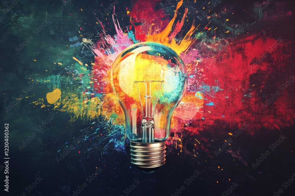 Illuminating Creativity: A Vibrant Colorful Burst Behind a Classic Lightbulb of Ideas