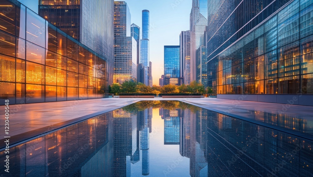 Fototapeta premium Urban Skyline Reflection: Modern Architecture at Dawn