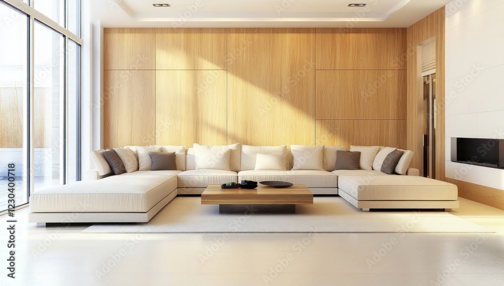 Fototapeta premium Modern Living Room Interior Design: Sunlit Beige Sectional Sofa and Wooden Wall