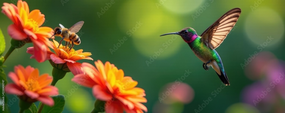 Naklejka premium Colorful butterflies and hummingbirds in a garden, bees, butterflies