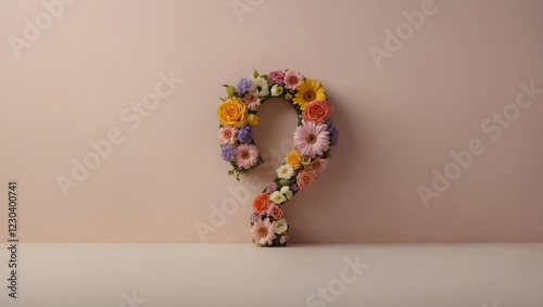 A question mark made of colorful flowers is arranged against a soft pastel background. The floral design  photo