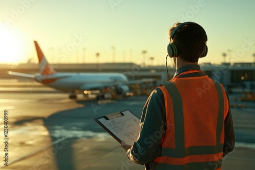 A worker in an orange safety vest observes an airplane at sunset, equipped with headphones and a clipboard, highlighting airport operations.