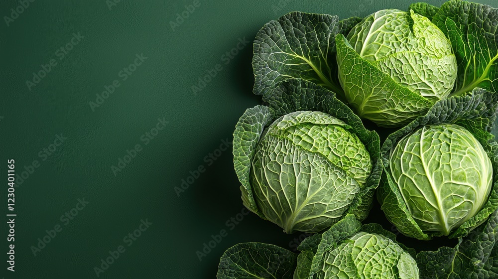 Fototapeta premium Savoy cabbages creating a vibrant green textured composition on dark background