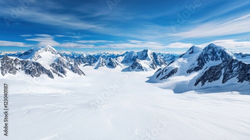 A breathtaking panoramic view of snow-covered mountains under a clear blue sky, showcasing a vast glacier landscape.