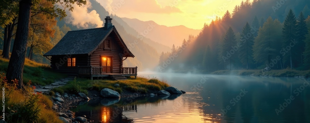 Fototapeta premium Cozy cabin by river, smoke rises from chimney, warm light spills out, peaceful haven, rustic retreat, river