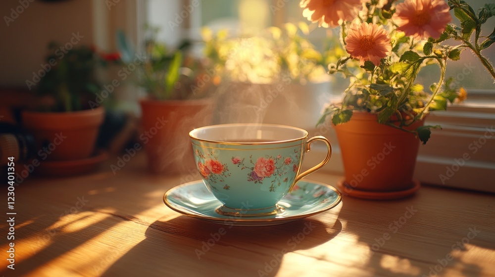 Steaming teacup on sunny windowsill with flowers. Steaming teacup on sunny windowsill with flowers.