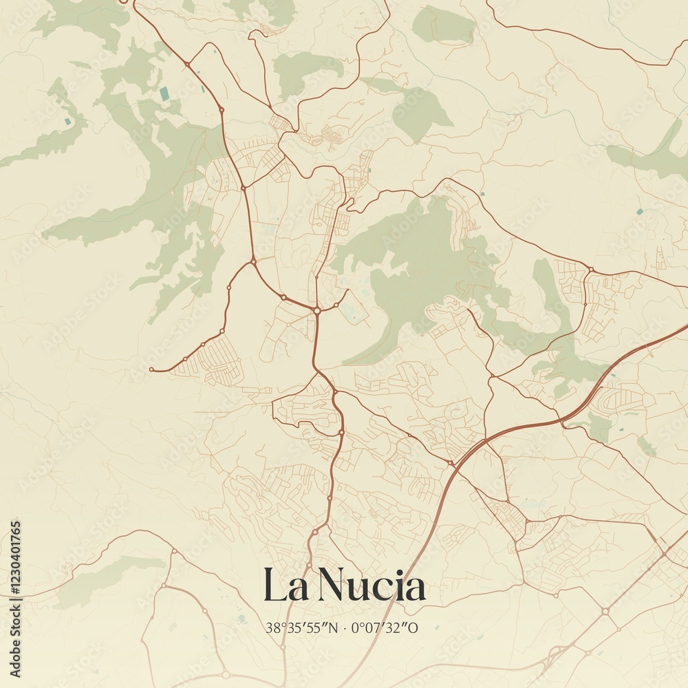 Retro Spanish map of La Nucia, Comunidad Valenciana. Vintage street map.