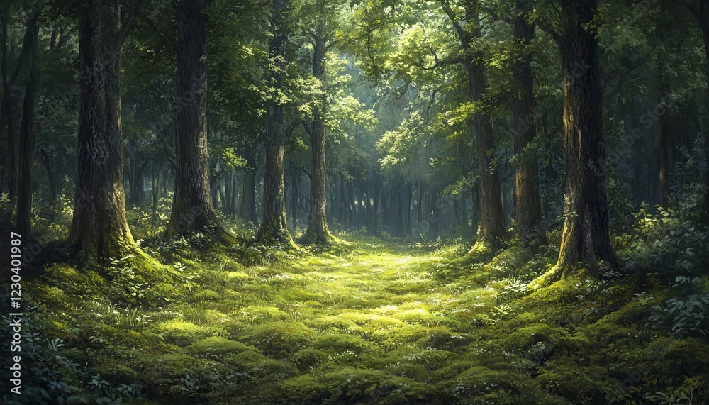 Obraz premium Sunlit path through a lush, green forest with tall trees and mossy ground.
