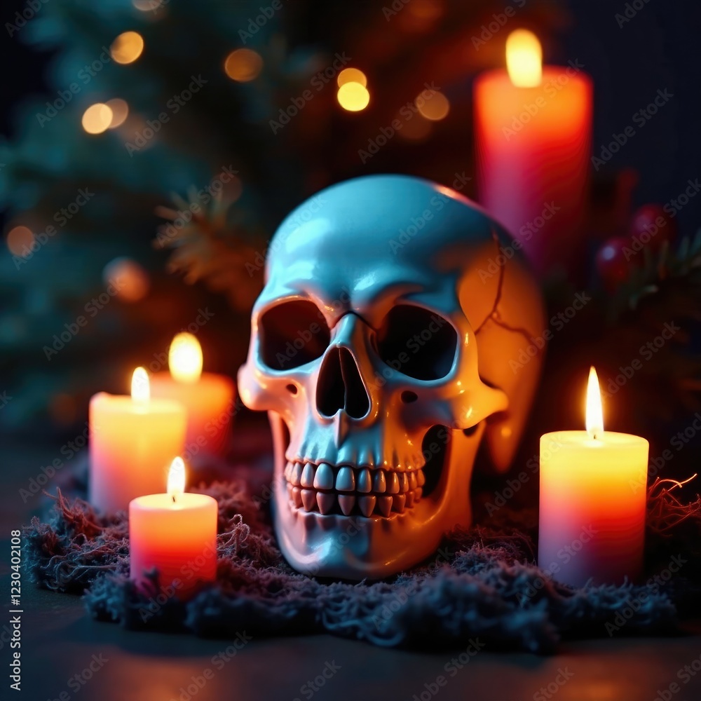 Flickering candles surround a skull Christmas tree, halloween decoration, spooky ambiance, ghostly glow Flickering candles surround a skull Christmas tree, halloween decoration, spooky ambiance, ghostly glow