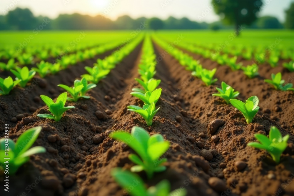 Freshly plowed field with rows of plants in the background, seeds, nature, growth Freshly plowed field with rows of plants in the background, seeds, nature, growth