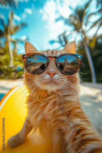 A cat takes a selfie on the beach.