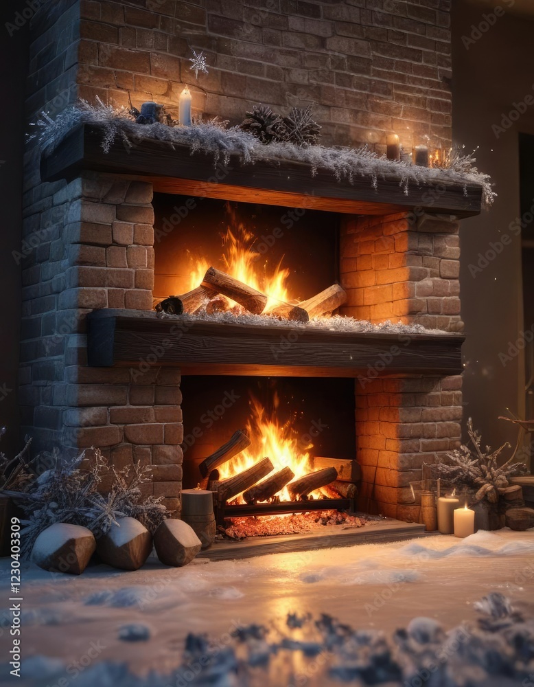Softly lit fireplace on a cold winter's night with snowflakes, peaceful scene, snow-covered window Softly lit fireplace on a cold winter's night with snowflakes, peaceful scene, snow-covered window