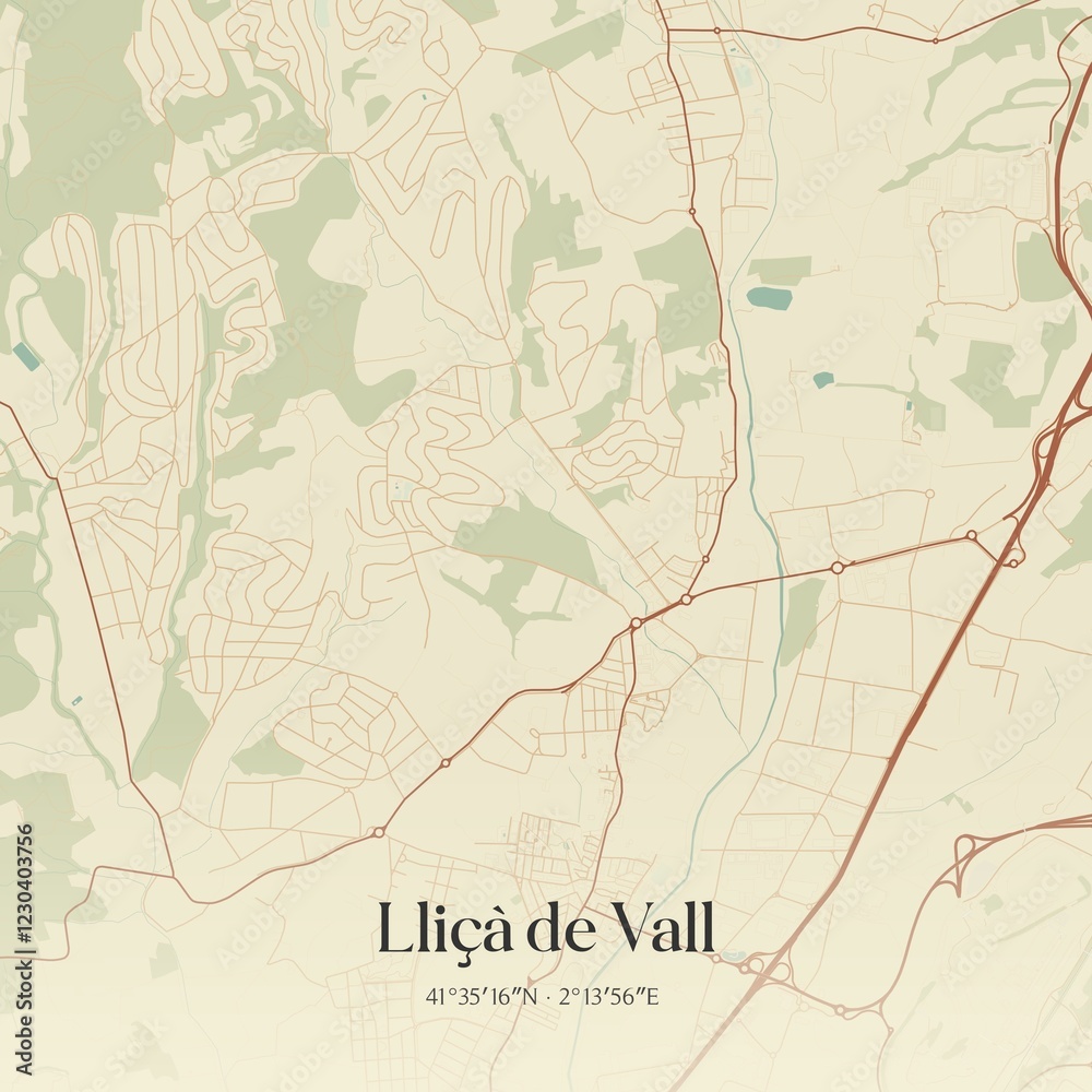 Obraz premium Retro Spanish map of Lli�� de Vall, Catalu�a. Vintage street map.