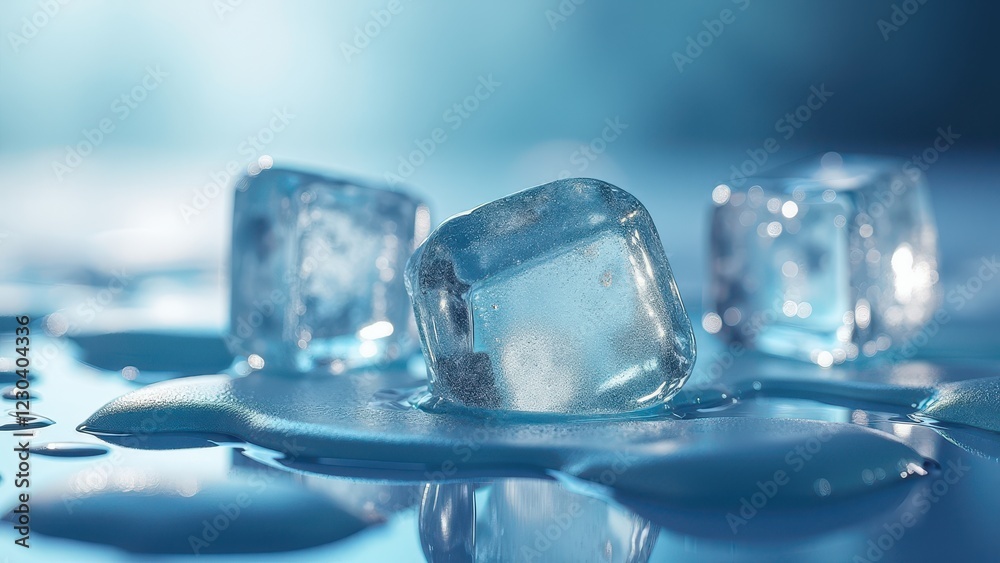 Fresh ice cubes melting on a reflective wet surface with scattered snow and frost Fresh ice cubes melting on a reflective wet surface with scattered snow and frost