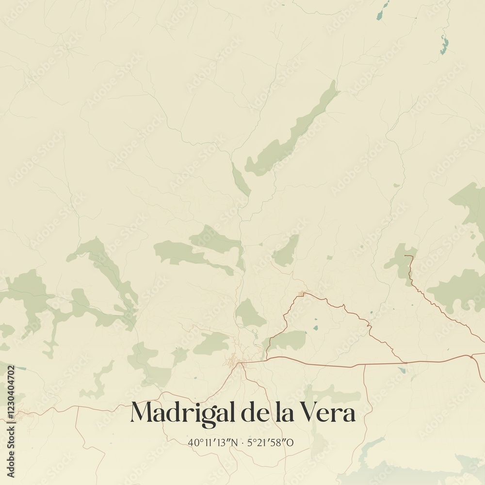 Fototapeta premium Retro Spanish map of Madrigal de la Vera, Extremadura. Vintage street map.