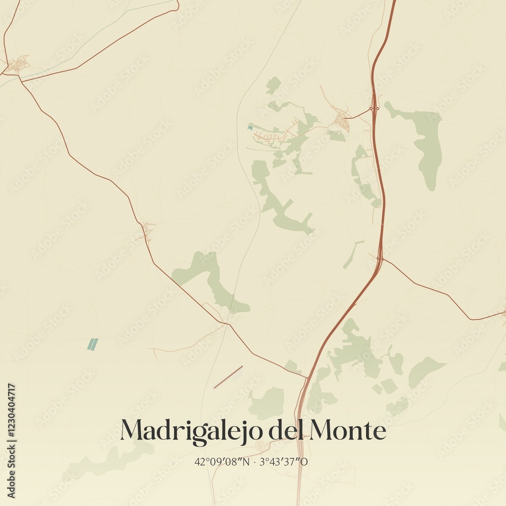 Fototapeta premium Retro Spanish map of Madrigalejo del Monte, Castilla y Le�n. Vintage street map.