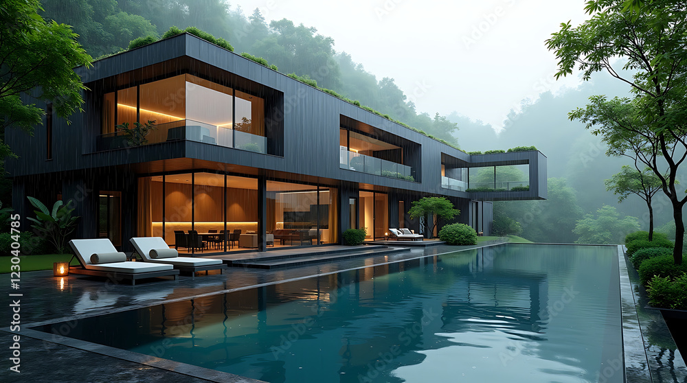 Fototapeta premium Modern Luxury Mansion with Pool Surrounded by Lush Greenery and Warm Ambient Lighting in a Serene Setting