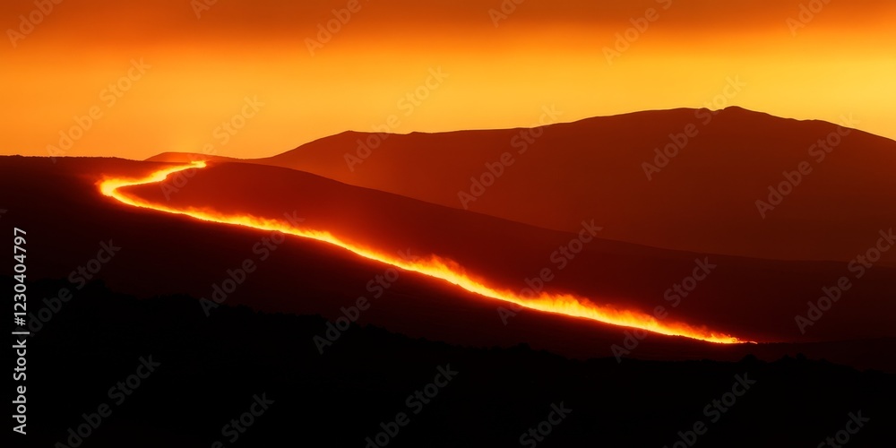 Lava Flow Across Volcanic Landscape at Sunset Lava Flow Across Volcanic Landscape at Sunset