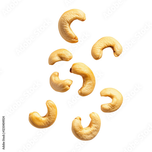 Floating cashew nuts isolated on transparent background, PNG