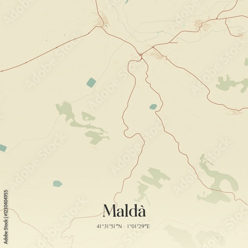 Retro Spanish map of Mald�, Catalu�a. Vintage street map.