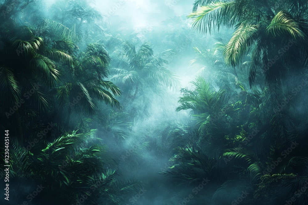Obraz premium Lush, Foggy Tropical Rainforest Scene.