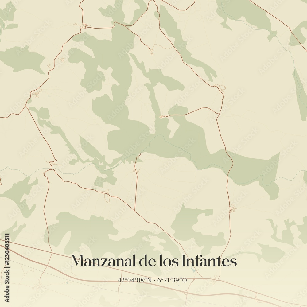 Obraz premium Retro Spanish map of Manzanal de los Infantes, Castilla y Le�n. Vintage street map.