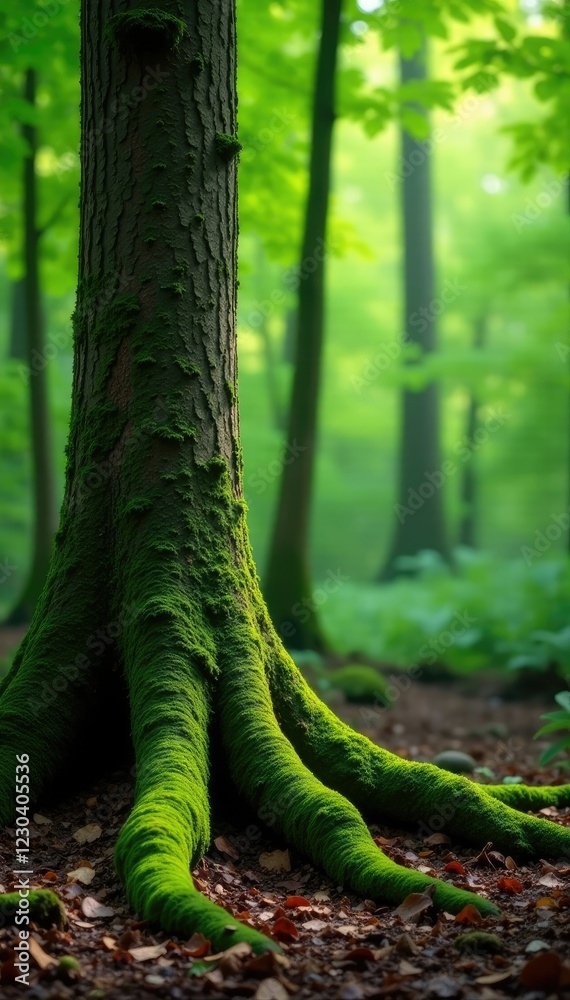 Obraz premium Roots and trunk of deciduous tree covered with moss, forest floor plants, tree roots, natural world