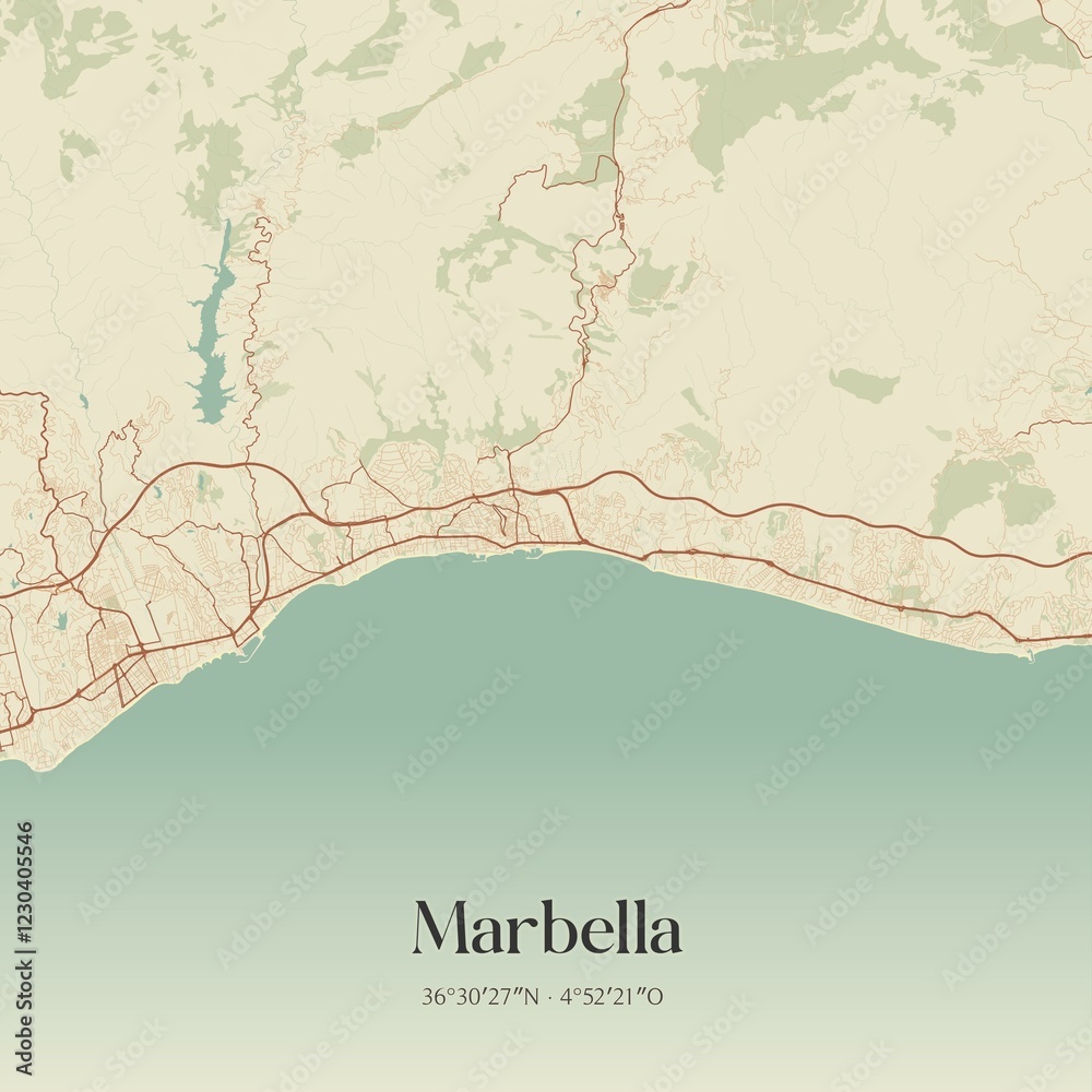 Fototapeta premium Retro Spanish map of Marbella, Andaluc�a. Vintage street map.