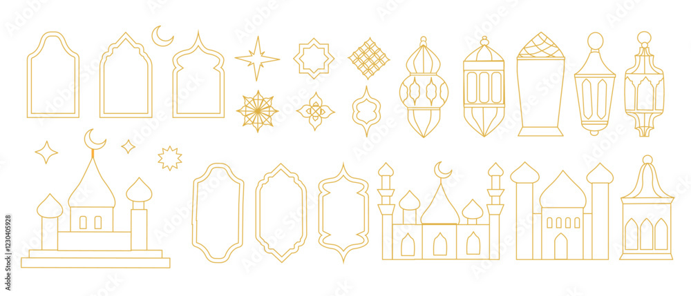 Ramadan celebration vector set with arabic design elements for festive decorations. Line art simple design. Ramadan celebration vector set with arabic design elements for festive decorations. Line art simple design.