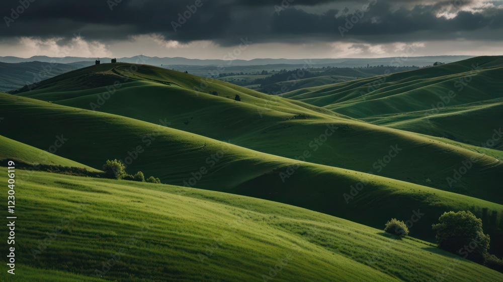 Fototapeta premium Rolling green hills under a cloudy sky