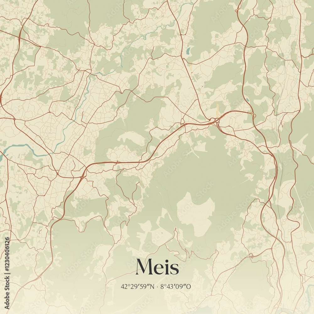 Fototapeta premium Retro Spanish map of Meis, Galicia. Vintage street map.