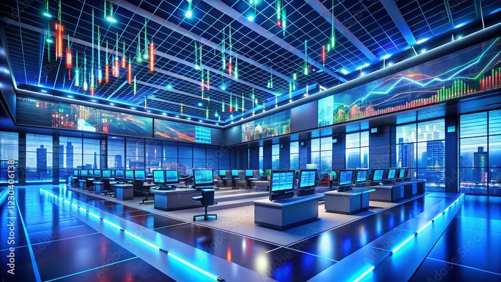 Fototapeta premium Robotic Eyes Reflecting Cryptocurrency & Stock Market Fluctuations in a Futuristic Tech-Controlled Trading Room