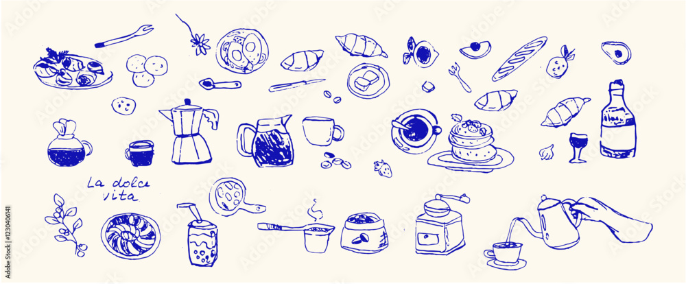 Naklejka premium La dolce vita coffee and breakfast elements for design projects. Doodle illustration.