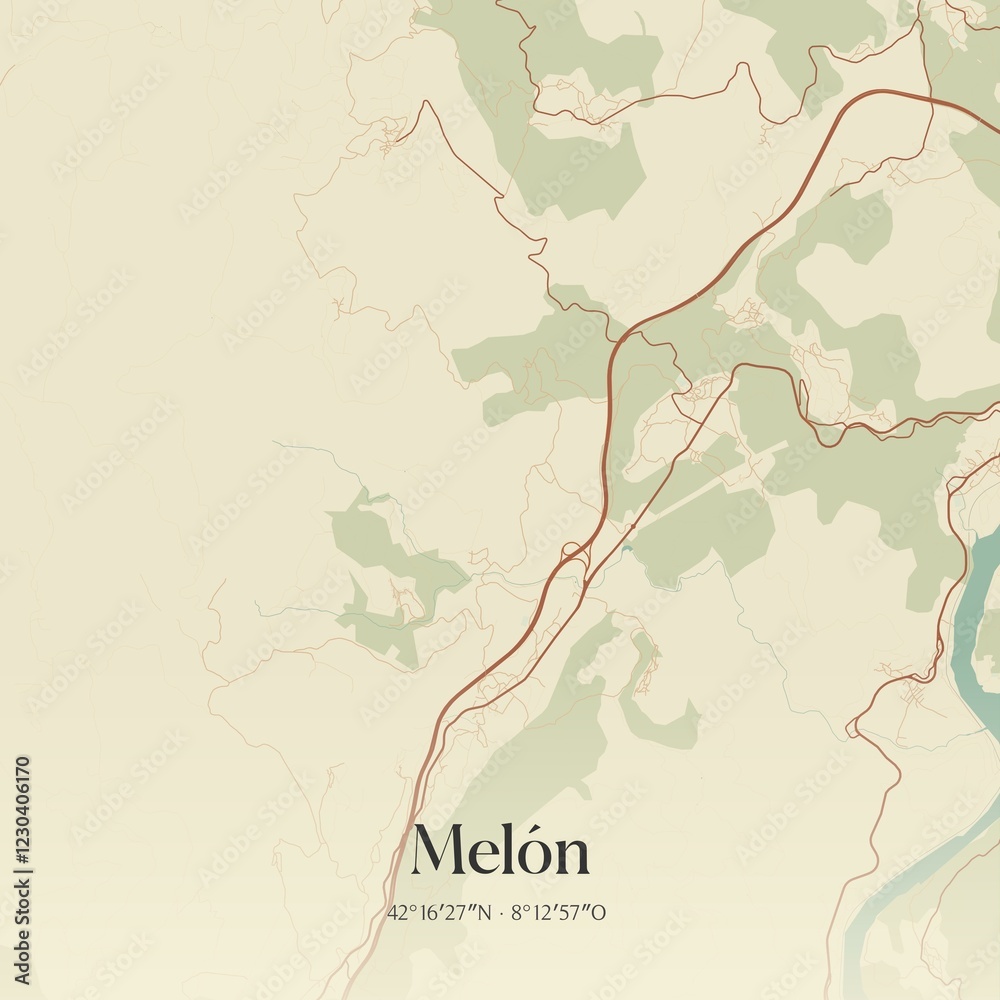 Fototapeta premium Retro Spanish map of Mel�n, Galicia. Vintage street map.