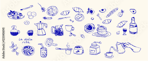 La dolce vita coffee and breakfast elements for design projects. Doodle illustration.