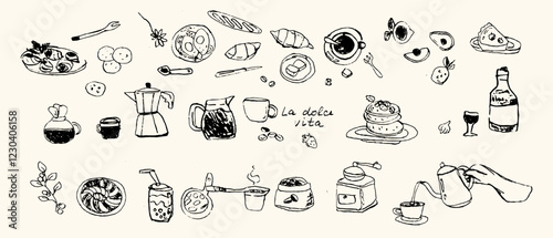 La dolce vita breakfast: coffee and pastries illustration for kitchen decor. Doodle elements for restaurant.