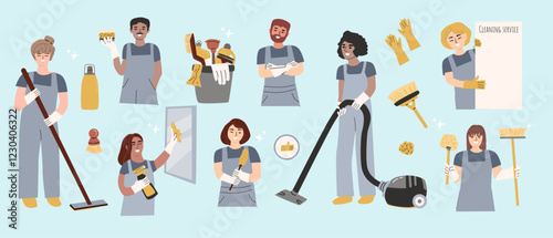 Set of cleaning service workers with professional equipment. Different ethnicity people with special tools. home maintenance concept with people in uniforms. Cleaning elements, bundle set.