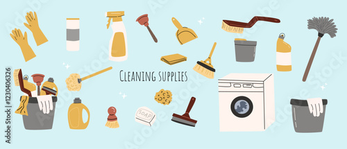 Cleaning tools set. Vector illustration in cartoon flat style. House Equpment for clean home, laundry items. Housework elements set, cleaning supplies collection