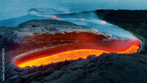 Etna’s River of Fire. Lava flowed from a great opening on the side of the volcano as an incandescent red river. Winner of Wildlife Photographer of the Year, most important award for Nature photography