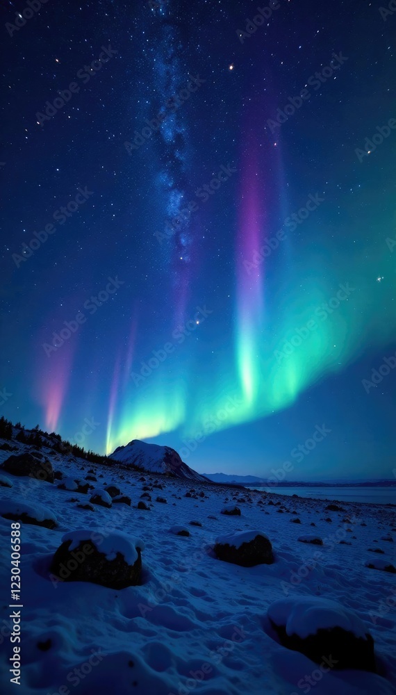 Naklejka premium Shimmering starfield with a hint of aurora in the distance, star field,