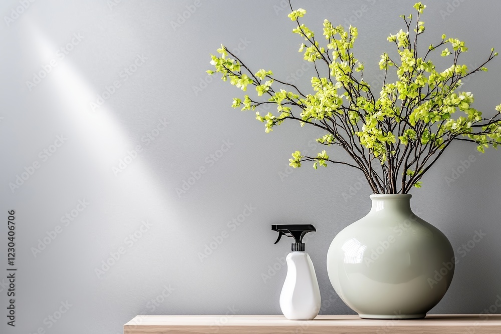 A fresh, decluttered desk featuring a vase with vibrant branches, perfect for spring cleaning and revitalizing any workspace or home environment. A fresh, decluttered desk featuring a vase with vibrant branches, perfect for spring cleaning and revitalizing any workspace or home environment.